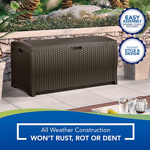 Suncast 99 Gallon Resin Wicker Patio Outdoor Storage Container for Toys, Furniture Deck box, Mocha & Suncast 22 Gallon Small Resin Storage Seat, Java, SSW600J