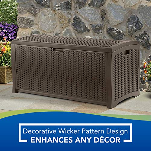 Suncast 99 Gallon Resin Wicker Patio Outdoor Storage Container for Toys, Furniture Deck box, Mocha & Suncast 22 Gallon Small Resin Storage Seat, Java, SSW600J