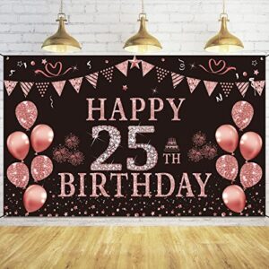 trgowaul happy 25th birthday decorations for women, pink rose gold 25 birthday backdrop banner，twenty five years old birthday party supply photography background birthday sign poster decor gift girls