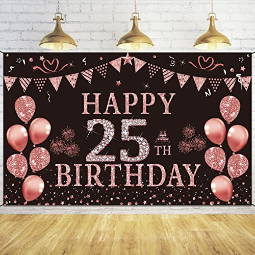 Trgowaul Happy 25th Birthday Decorations for Women, Pink Rose Gold 25 Birthday Backdrop Banner，Twenty Five Years Old Birthday Party Supply Photography Background Birthday Sign Poster Decor Gift Girls