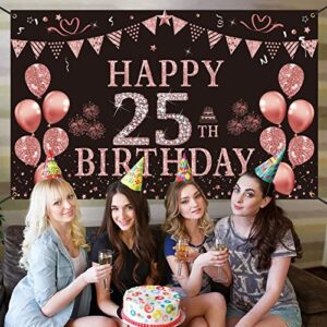 Trgowaul Happy 25th Birthday Decorations for Women, Pink Rose Gold 25 Birthday Backdrop Banner，Twenty Five Years Old Birthday Party Supply Photography Background Birthday Sign Poster Decor Gift Girls