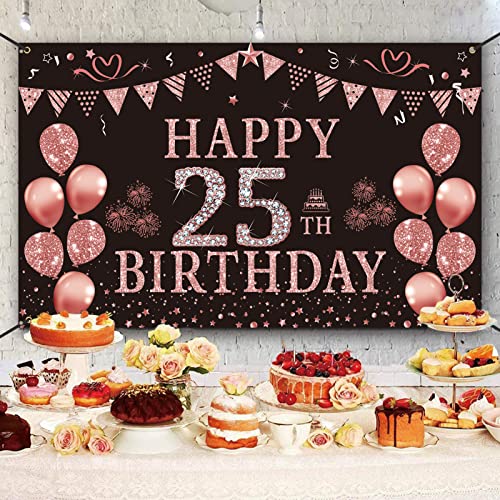 Trgowaul Happy 25th Birthday Decorations for Women, Pink Rose Gold 25 Birthday Backdrop Banner，Twenty Five Years Old Birthday Party Supply Photography Background Birthday Sign Poster Decor Gift Girls