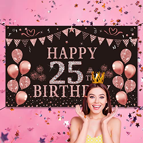 Trgowaul Happy 25th Birthday Decorations for Women, Pink Rose Gold 25 Birthday Backdrop Banner，Twenty Five Years Old Birthday Party Supply Photography Background Birthday Sign Poster Decor Gift Girls