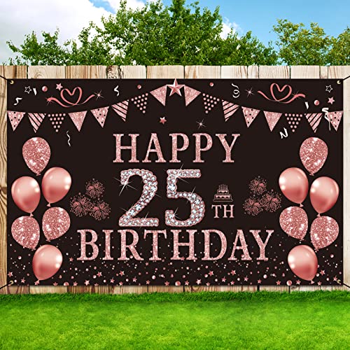 Trgowaul Happy 25th Birthday Decorations for Women, Pink Rose Gold 25 Birthday Backdrop Banner，Twenty Five Years Old Birthday Party Supply Photography Background Birthday Sign Poster Decor Gift Girls