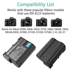 EN-EL15 EN EL15a Battery Rechargeable, LP Charger Compatible with Nikon D7500, D7200, D7100, D7000, D850, D750, D500, D810a, D810, D800e, D800, D610, D600 & More