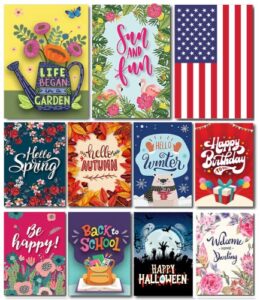 lovely flag seasonal garden flag set of 11| 12.5″ x 18″ | double sided | double stitched | proudly designed in usa | garden house yard weather resistant | american flag garden summer spring flag/ happy birthday/ be happy/ back to school/ welcome/ hallowee
