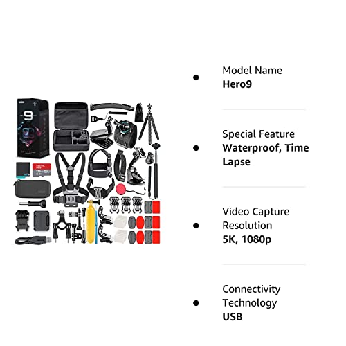 GoPro HERO9 Black - Waterproof Action Camera with Front LCD, Touch Rear Screens, 5K Video, 20MP Photos, 1080p Live Streaming, Stabilization + 128GB Card and 50 Piece Accessory Kit.