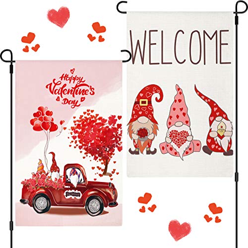 Tatuo 2 Pieces Valentine's Day Garden Flag 12 x 18 Inch Valentine Gnome Welcome Flag for Outside Yard Anniversary Wedding Farmhouse Decoration