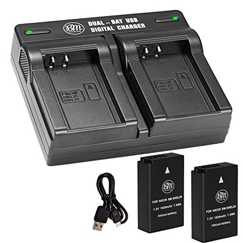 BM Premium Pack of 2 ENEL20, EN-EL20a Batteries and USB Dual Battery Charger for Nikon Coolpix P950, P1000, DL24-500, Coolpix A, 1 AW1, 1 J1, 1 J2, 1 J3, 1 S1, 1 V3 Digital Camera