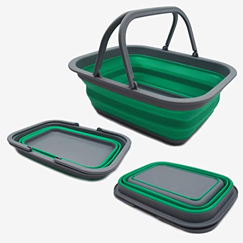 SAMMART 9.2L (2.37Gallon) Collapsible Tub with Handle - Portable Outdoor Picnic Basket / Crater - Foldable Shopping Bag - Space Saving Storage Container (1, Grey/Bluish-Green)