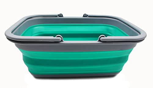 SAMMART 9.2L (2.37Gallon) Collapsible Tub with Handle - Portable Outdoor Picnic Basket / Crater - Foldable Shopping Bag - Space Saving Storage Container (1, Grey/Bluish-Green)