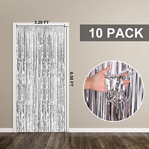 10 Pack Foil Curtain Backdrop Silver Metallic Tinsel Foil Fringe Curtains Photo Booth Props for Birthday Wedding Engagement Baby Shower Bachelorette Christmas Holiday Celebration Party Decorations