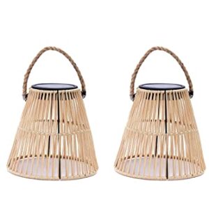 Outdoor Solar Hanging Lantern, 2 Pack Solar Lights Waterproof Table Light with Woven Rope Handle Rechargeable Decorative for Patio Backyard Garden Tree, Natural