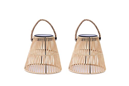 Outdoor Solar Hanging Lantern, 2 Pack Solar Lights Waterproof Table Light with Woven Rope Handle Rechargeable Decorative for Patio Backyard Garden Tree, Natural