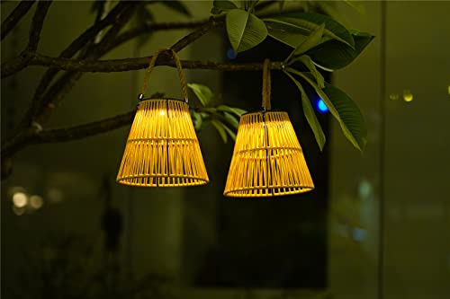 Outdoor Solar Hanging Lantern, 2 Pack Solar Lights Waterproof Table Light with Woven Rope Handle Rechargeable Decorative for Patio Backyard Garden Tree, Natural