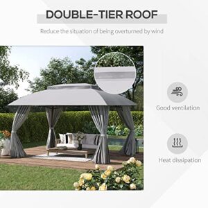 Outsunny 9' x 13' Patio Gazebo Canopy, Double Vented Roof, Steel Frame, Curtain Sidewalls, Outdoor Sun Shade Shelter for Garden, Lawn, Backyard, Deck, Gray