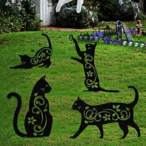 elcoho 4 pack black cat silhouette cute metal cat garden statues bird repellent cat decorative garden stakes for yard, garden, lawn outdoor decorations