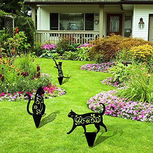 Elcoho 4 Pack Black Cat Silhouette Cute Metal Cat Garden Statues Bird Repellent Cat Decorative Garden Stakes for Yard, Garden, Lawn Outdoor Decorations