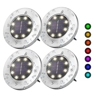 solar ground lights outdoor 4 pack, 8 led colored solar disk garden lights waterproof inground landscape lighting for yard deck lawn patio pathway walkway driveway with multiple changing colors