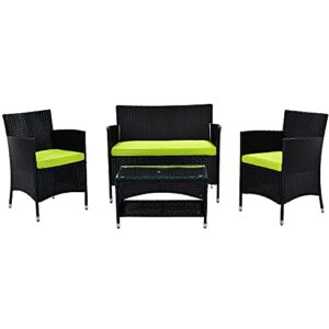 zlxdp 4pcs patio furniture outdoor garden conversation set black wicker 2 armchairs+1 double sofa+1 table w/green cushion