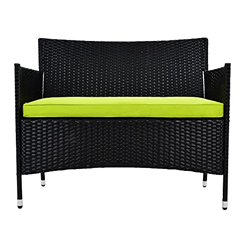 ZLXDP 4PCS Patio Furniture Outdoor Garden Conversation Set Black Wicker 2 Armchairs+1 Double Sofa+1 Table w/Green Cushion