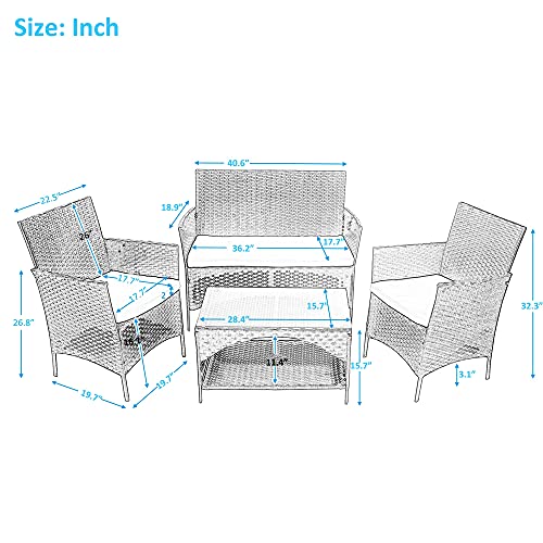 ZLXDP 4PCS Patio Furniture Outdoor Garden Conversation Set Black Wicker 2 Armchairs+1 Double Sofa+1 Table w/Green Cushion