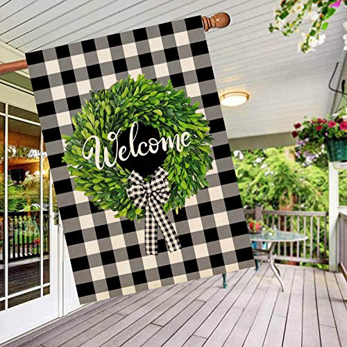 Molili Welcome Spring Boxwood Wreath Garden House Flag Burlap Vertical Double Sided Summer Buffalo Check Plaid Bow-Knot Rustic Farmhouse Flag Yard Outdoor Farm Decoration 28 x 40 Inch