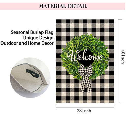 Molili Welcome Spring Boxwood Wreath Garden House Flag Burlap Vertical Double Sided Summer Buffalo Check Plaid Bow-Knot Rustic Farmhouse Flag Yard Outdoor Farm Decoration 28 x 40 Inch