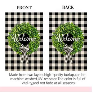 Molili Welcome Spring Boxwood Wreath Garden House Flag Burlap Vertical Double Sided Summer Buffalo Check Plaid Bow-Knot Rustic Farmhouse Flag Yard Outdoor Farm Decoration 28 x 40 Inch