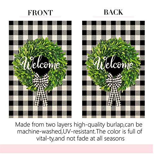 Molili Welcome Spring Boxwood Wreath Garden House Flag Burlap Vertical Double Sided Summer Buffalo Check Plaid Bow-Knot Rustic Farmhouse Flag Yard Outdoor Farm Decoration 28 x 40 Inch