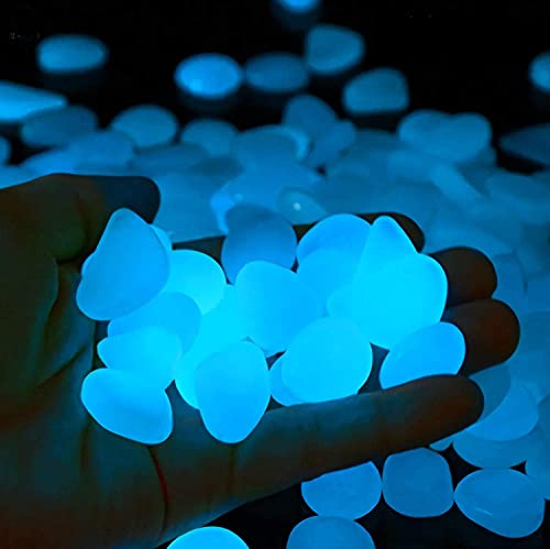 Glow in The Dark Pebbles (500pcs White Glows Blue) - Indoor Outdoor Garden Stones Moonlight Yard Plant Decorations Fish Tank Aquarium Rocks Solar Backyard LED Decor