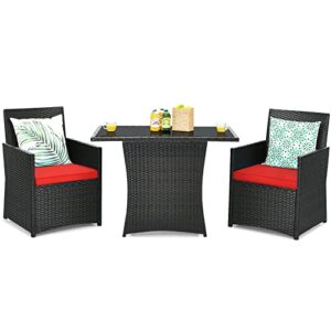 feer 3pcs patio rattan furniture set cushioned sofa armrest garden deck red suitable for patio, porch, garden and balcony, etc