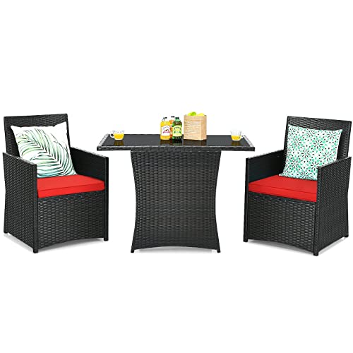 FEER 3PCS Patio Rattan Furniture Set Cushioned Sofa Armrest Garden Deck Red Suitable for Patio, Porch, Garden and Balcony, Etc