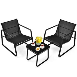 tangkula 3 pieces outdoor conversation set, patiojoy all-weather patio furniture set with breathable fabric and steel frame, bistro chat set for porch, garden, backyard (black)