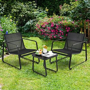 Tangkula 3 Pieces Outdoor Conversation Set, Patiojoy All-Weather Patio Furniture Set with Breathable Fabric and Steel Frame, Bistro Chat Set for Porch, Garden, Backyard (Black)