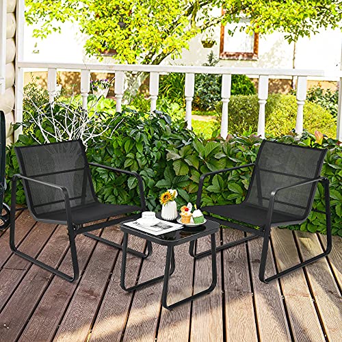 Tangkula 3 Pieces Outdoor Conversation Set, Patiojoy All-Weather Patio Furniture Set with Breathable Fabric and Steel Frame, Bistro Chat Set for Porch, Garden, Backyard (Black)