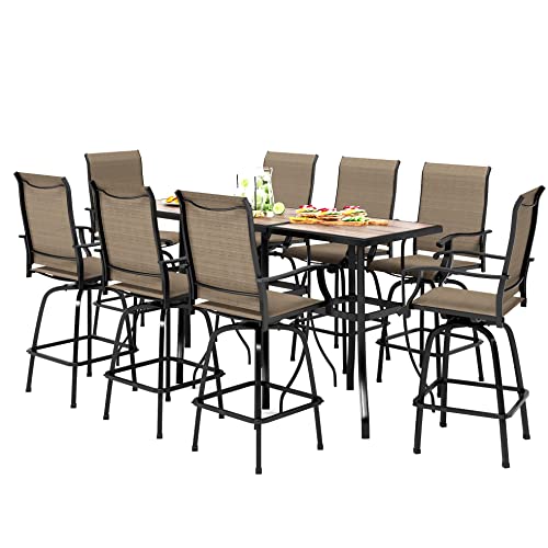 PHI VILLA Patio Swivel Bar Stool Set of 11, Textilene Bar Height Chair with Armrest and Wood Like Bar Table, All-Weather Furniture Set for Garden Lawn