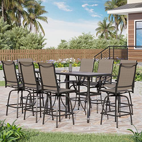 PHI VILLA Patio Swivel Bar Stool Set of 11, Textilene Bar Height Chair with Armrest and Wood Like Bar Table, All-Weather Furniture Set for Garden Lawn