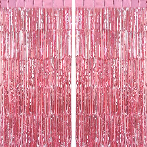 CHRORINE 2pcs 3ft x 8.3ft Pink Tinsel Foil Fringe Curtains Streamers Backdrop for Pink Party Birthday Wedding Bachelorette Baby Shower Bridal Shower Decorations