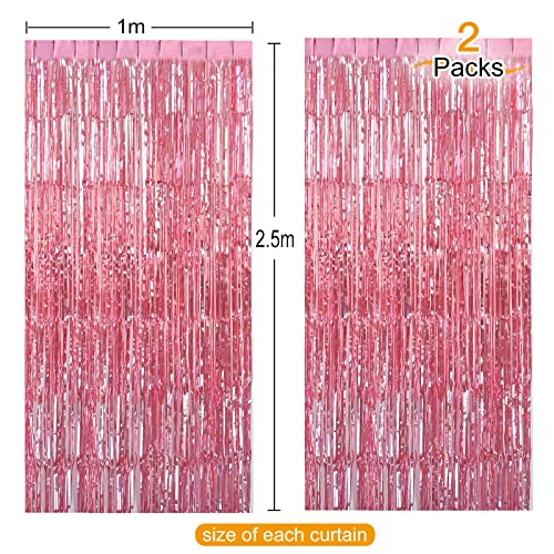 CHRORINE 2pcs 3ft x 8.3ft Pink Tinsel Foil Fringe Curtains Streamers Backdrop for Pink Party Birthday Wedding Bachelorette Baby Shower Bridal Shower Decorations