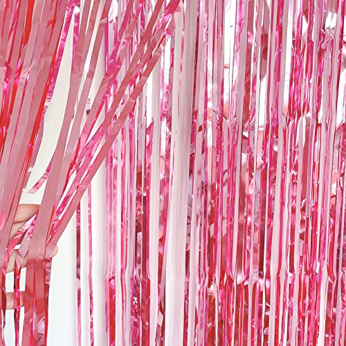 CHRORINE 2pcs 3ft x 8.3ft Pink Tinsel Foil Fringe Curtains Streamers Backdrop for Pink Party Birthday Wedding Bachelorette Baby Shower Bridal Shower Decorations