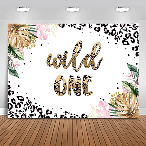 Mocsicka Leopard Wild One Backdrop Girls Pink Safari Theme 1st Birthday Party Background Leopard Print First Birthday Party Cake Table Decoration Banner Photo Booth Props (7x5ft)