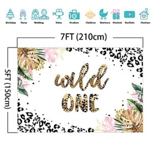 Mocsicka Leopard Wild One Backdrop Girls Pink Safari Theme 1st Birthday Party Background Leopard Print First Birthday Party Cake Table Decoration Banner Photo Booth Props (7x5ft)