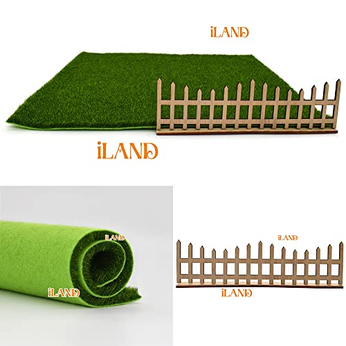 iland Fairy Garden Miniatures of Artificial Grass 4 Sheets 11.8"x 11.8" w/ 10pcs Miniature Fences & 2 Fence Doors & 1 Sign, Fake Grass for Crafts & Dollhouse Garden