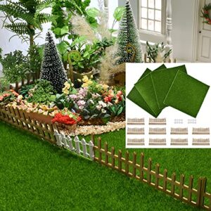 iland fairy garden miniatures of artificial grass 4 sheets 11.8″x 11.8″ w/ 10pcs miniature fences & 2 fence doors & 1 sign, fake grass for crafts & dollhouse garden