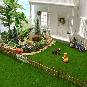 iland Fairy Garden Miniatures of Artificial Grass 4 Sheets 11.8"x 11.8" w/ 10pcs Miniature Fences & 2 Fence Doors & 1 Sign, Fake Grass for Crafts & Dollhouse Garden