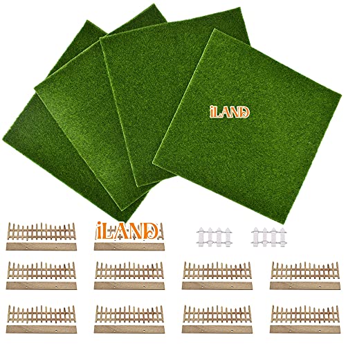 iland Fairy Garden Miniatures of Artificial Grass 4 Sheets 11.8"x 11.8" w/ 10pcs Miniature Fences & 2 Fence Doors & 1 Sign, Fake Grass for Crafts & Dollhouse Garden