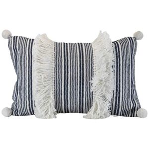 foreside home & garden fipl09258 blue decorative throw striped woven 14×22 outdoor pillow w/hand tied tassel poms