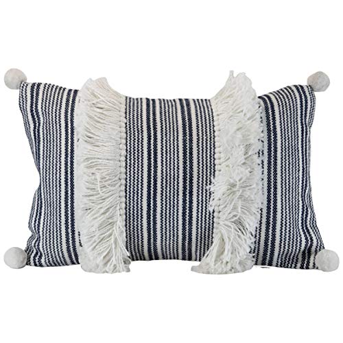 Foreside Home & Garden FIPL09258 Blue Decorative Throw Striped Woven 14x22 Outdoor Pillow w/Hand Tied Tassel Poms