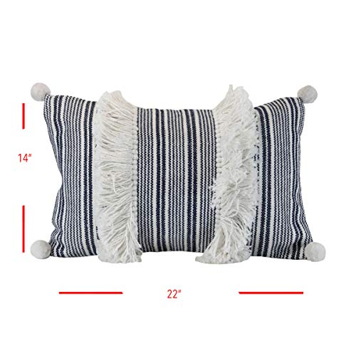 Foreside Home & Garden FIPL09258 Blue Decorative Throw Striped Woven 14x22 Outdoor Pillow w/Hand Tied Tassel Poms